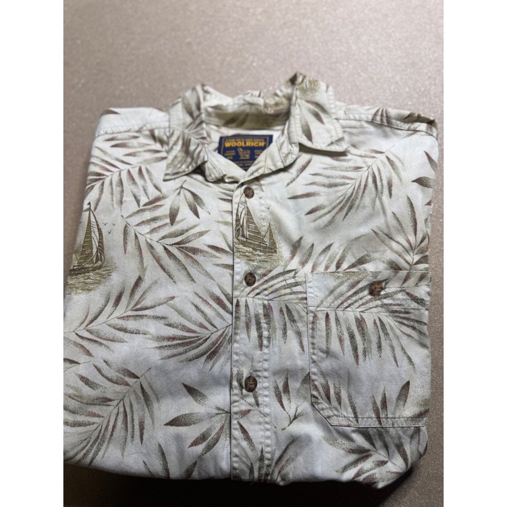 Woolrich Mens Button Down Shirt Short Sleeve Sailboat Palm Leaf Print siz M